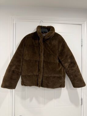 Zara Brown Faux Fur Puffer with Zipper